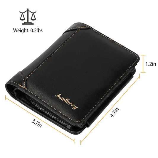 Side profile of men's PU leather trifold wallet showing 1.2-inch compact thickness