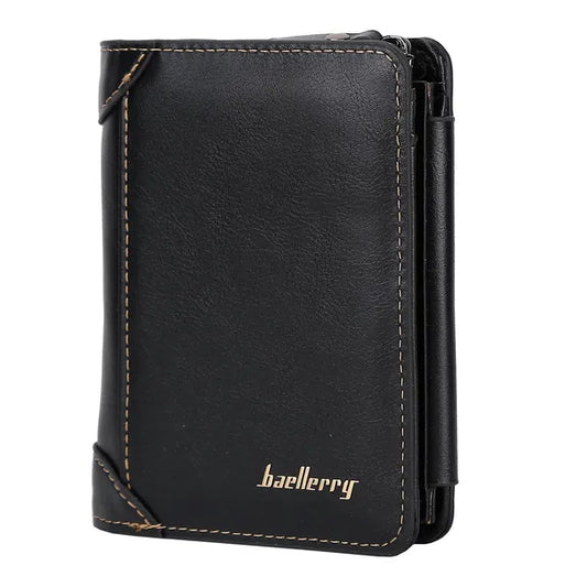 Men's black PU leather trifold wallet with zipper closure, front view, Al-Noor Bazaar