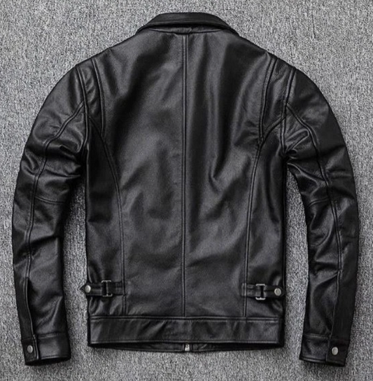 Back profile of men's slim fit cowhide biker jacket showing streamlined cut and structure
