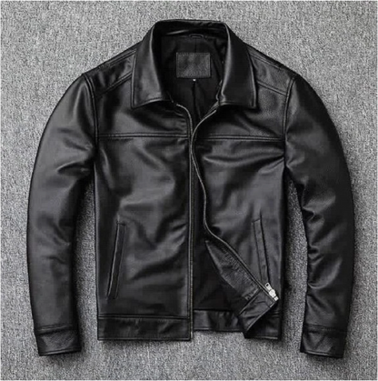Men's slim fit top-grain cowhide leather biker jacket, front view, Al-Noor Bazaar