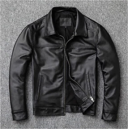 Men's slim fit top-grain cowhide leather biker jacket, front view, Al-Noor Bazaar