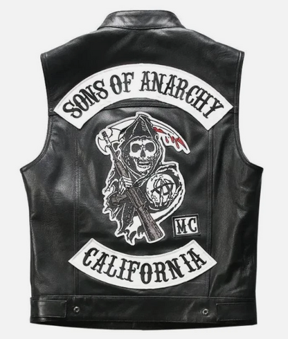 Embroidered Sons of Anarchy California logo patch on the back of a genuine cowhide leather jacket