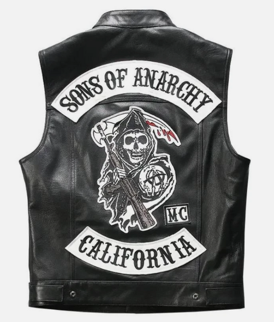 Embroidered Sons of Anarchy California logo patch on the back of a genuine cowhide leather jacket