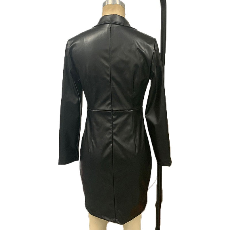 Back view of women's faux leather bodycon blazer midi dress showing midi length