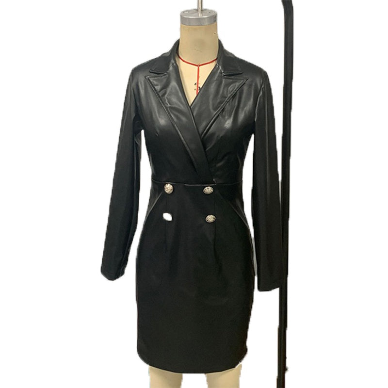 Full-length front view of women's faux leather slim-fit blazer midi dress