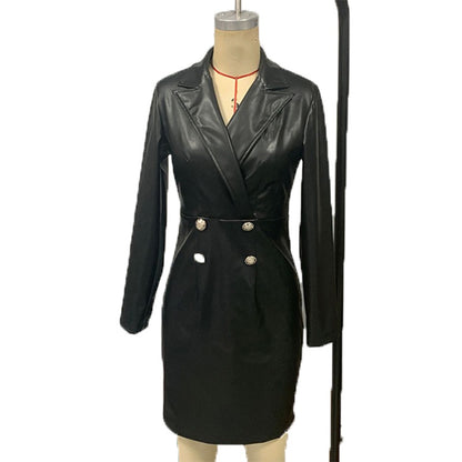 Full-length front view of women's faux leather slim-fit blazer midi dress