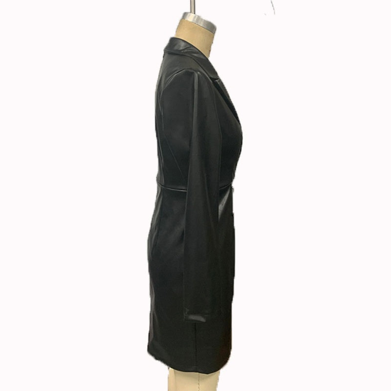 Side profile of women's slim-fit faux leather blazer midi dress showing bodycon silhouette