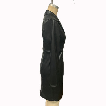Side profile of women's slim-fit faux leather blazer midi dress showing bodycon silhouette