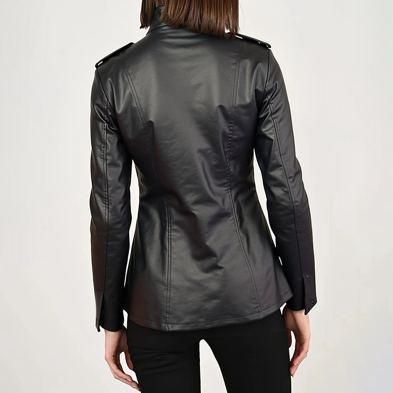 Back view of women's oversized black PU leather cardigan jacket showing relaxed silhouette