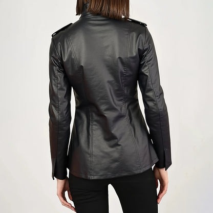 Back view of women's oversized black PU leather cardigan jacket showing relaxed silhouette