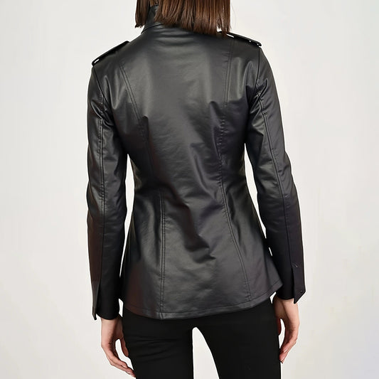 Back view of women's oversized black PU leather cardigan jacket showing relaxed silhouette