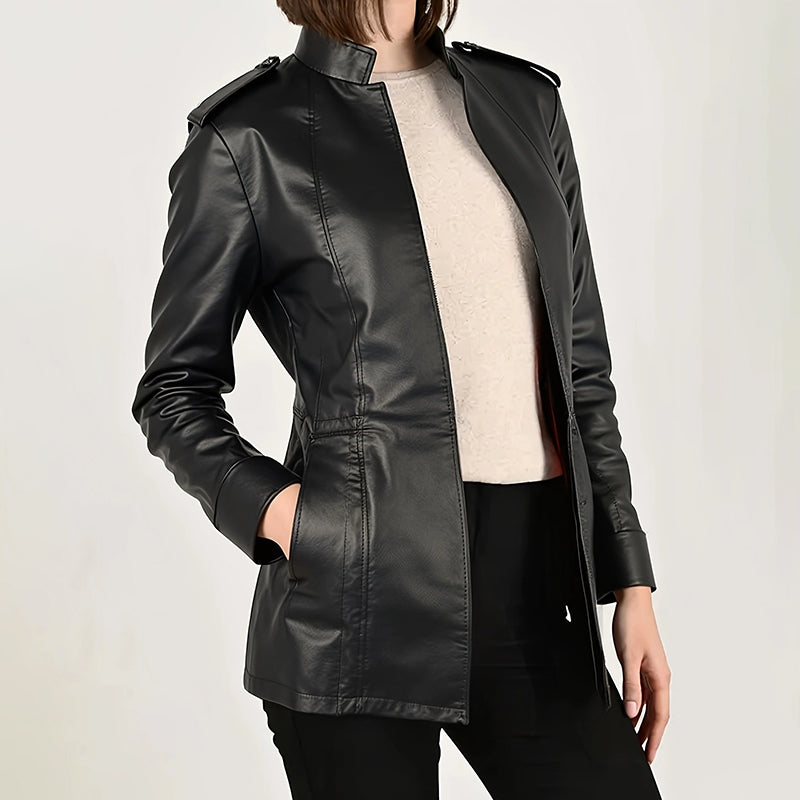 Close-up of stand-up collar on women's vintage oversized PU leather cardigan jacket