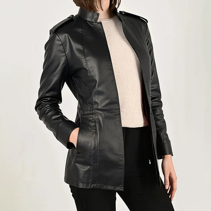 Close-up of stand-up collar on women's vintage oversized PU leather cardigan jacket